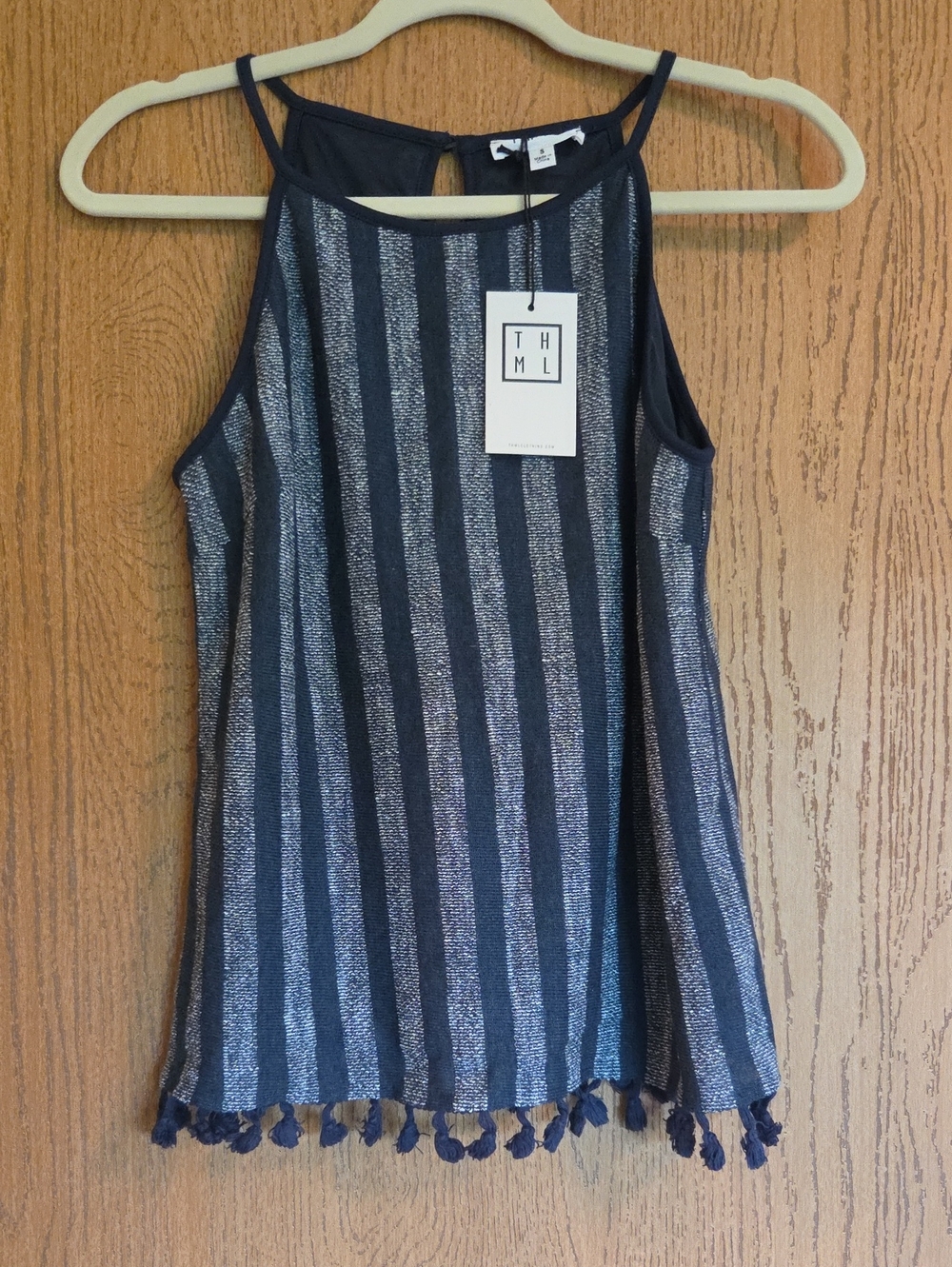 THML Navy and Silver Metallic Stripe Tassel-Hem Tank Top